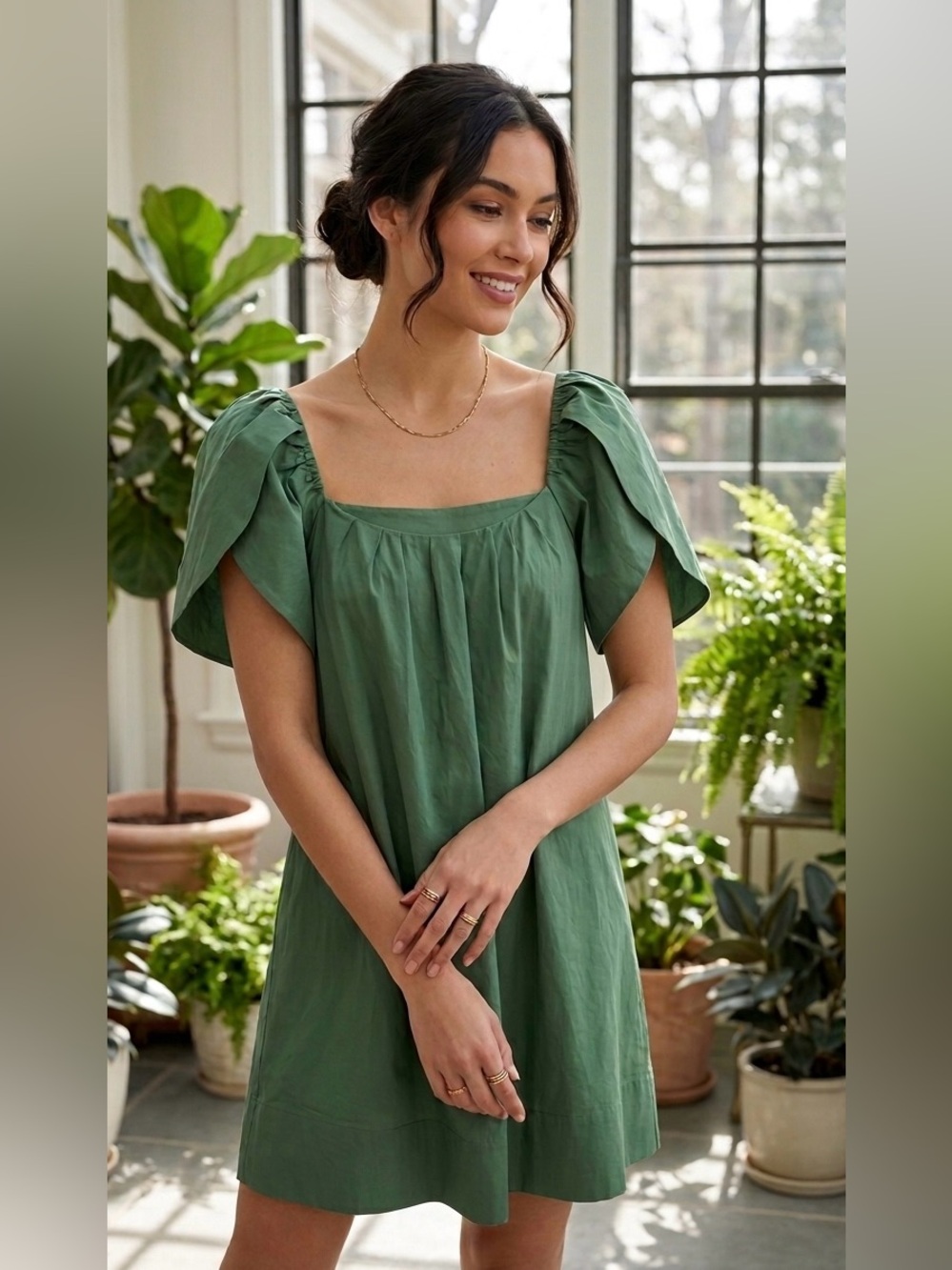 Rebecca Taylor Forest‎ Green Petal Sleeve Mini Dress – Romantic Cotton Poplin
